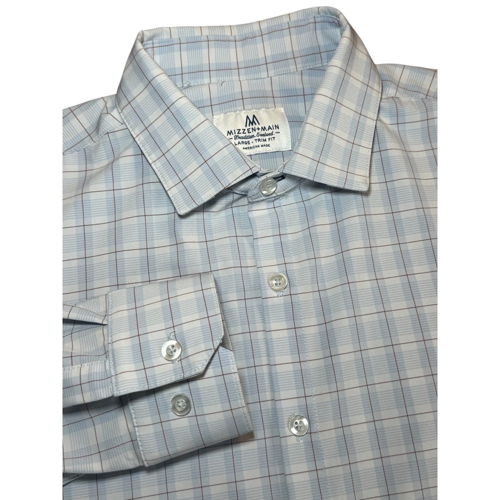 Mizzen+ Main Mens L Trim Fit Light Blue Plaid Button‎ Up Shirt American Made L/S